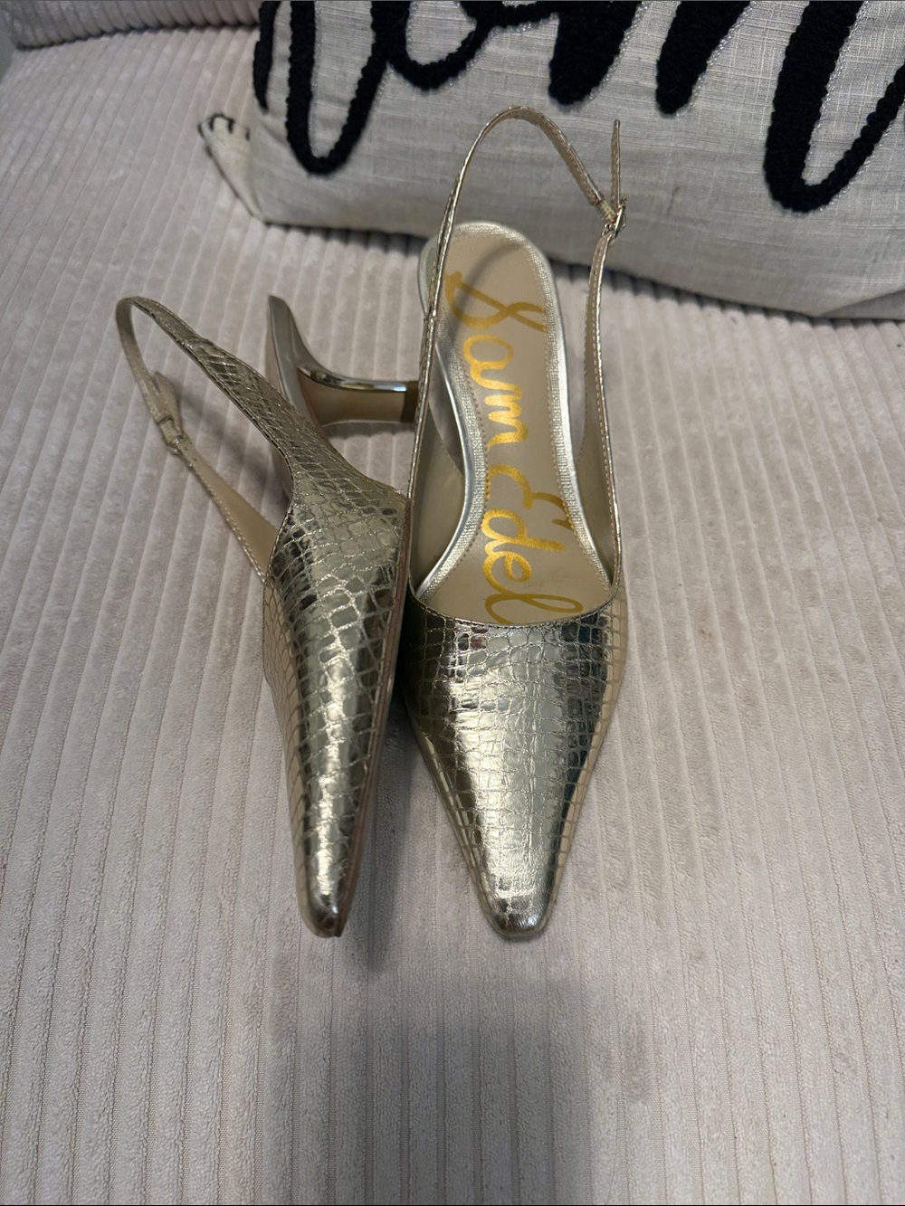 Sam Edelman Metallic Gold Croc-Embossed Slingback Pointed Pumps - Picture 2 of 3